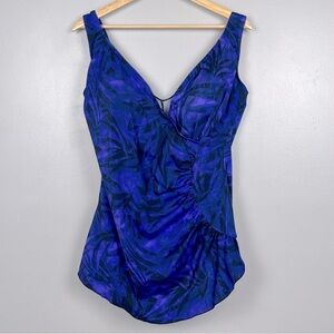 Maxine of Hollywood blue & purple modest front skirt 1 piece swimsuit, 22W.